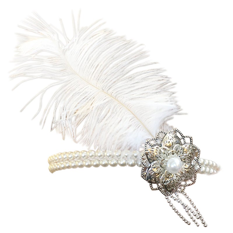 Performance Silver and White Pearl Feather Flapper Headpiece Vintage Style 1920s Headband - Image 2